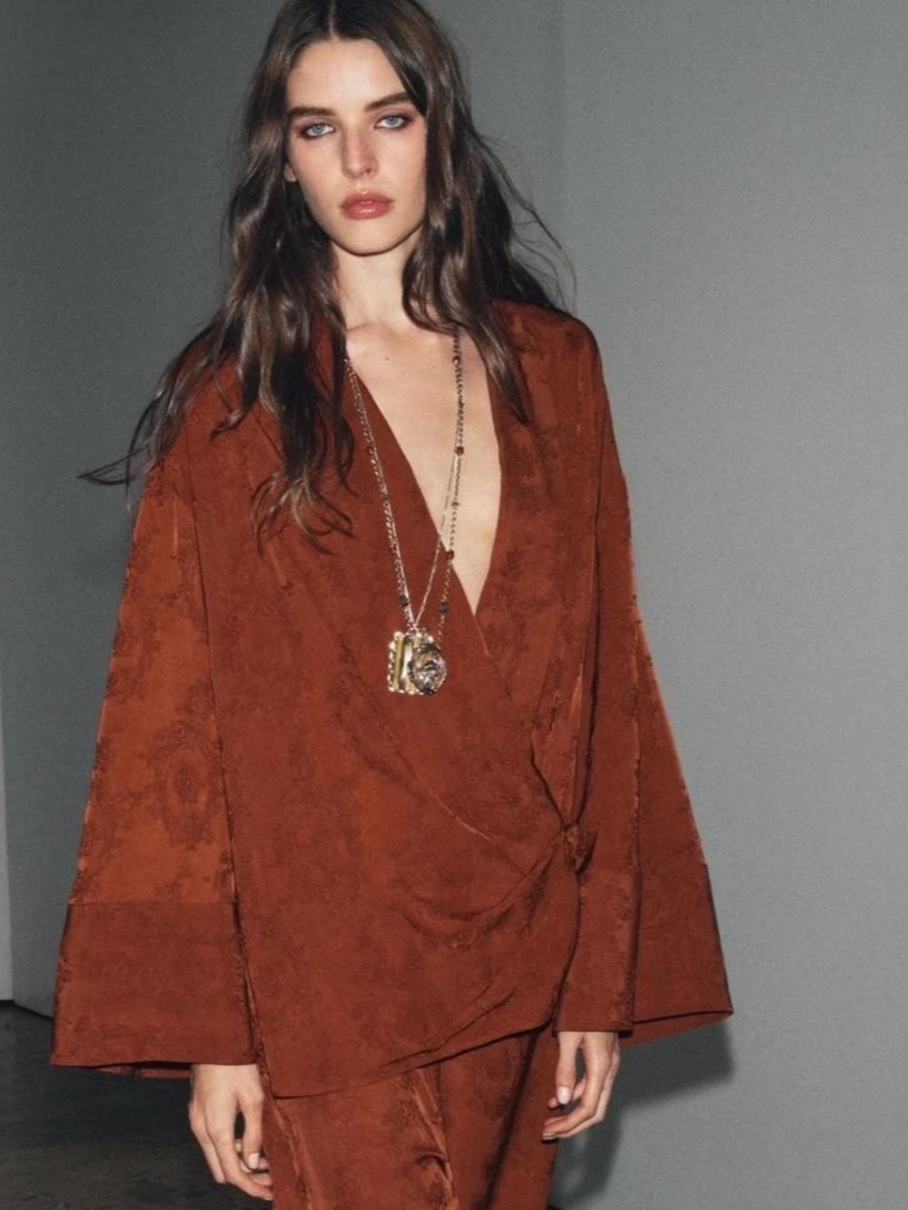 NWT Zara ZW Collection Jacquard Kimono Jacket Russet Orange XS-S